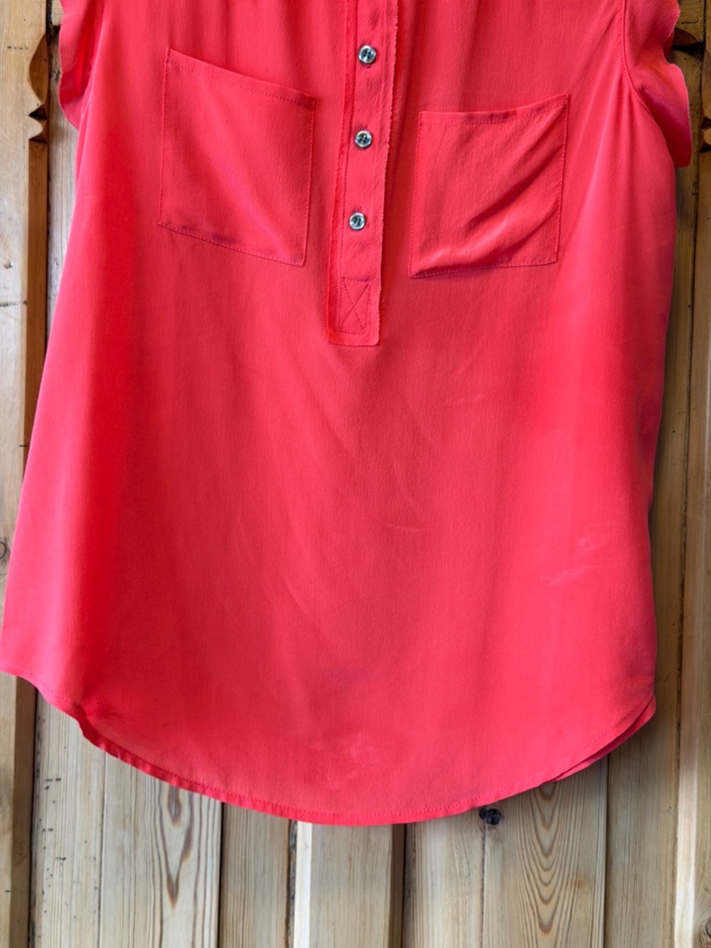 Madewell Silk Broadway & Broome Coral-Red Women's Button Front Silk Henley Top - Picture 5 of 13